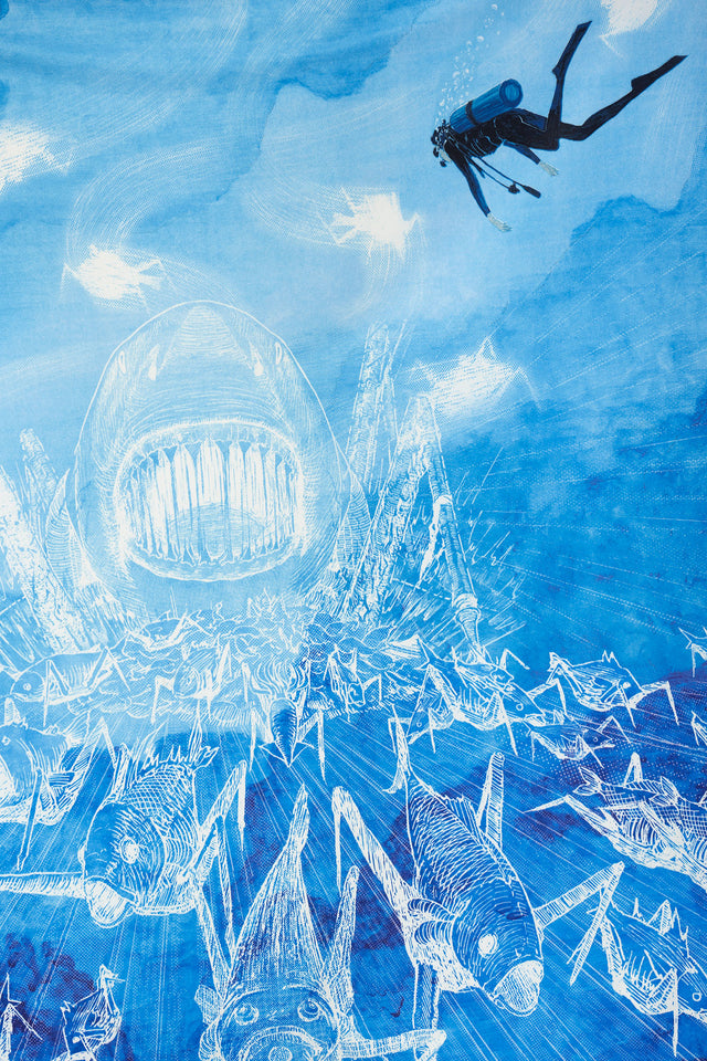 Going Ashore Gyo maxi skirt by Junji Ito x BlackMilk, statement anime streetwear piece with flowing full-length silhouette and underwater biomechanical fish design.