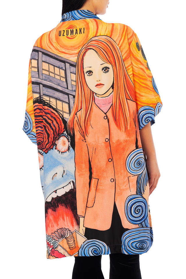 Japanese horror fashion robe inspired by Junji Ito Uzumaki, full coverage spiral artwork with flowing silhouette.