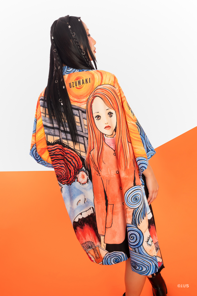 Junji Ito x BlackMilk Into Madness robe in flowing Slinky fabric, all-over Uzumaki manga artwork featuring Kirie Goshima and spiral design across front and back.