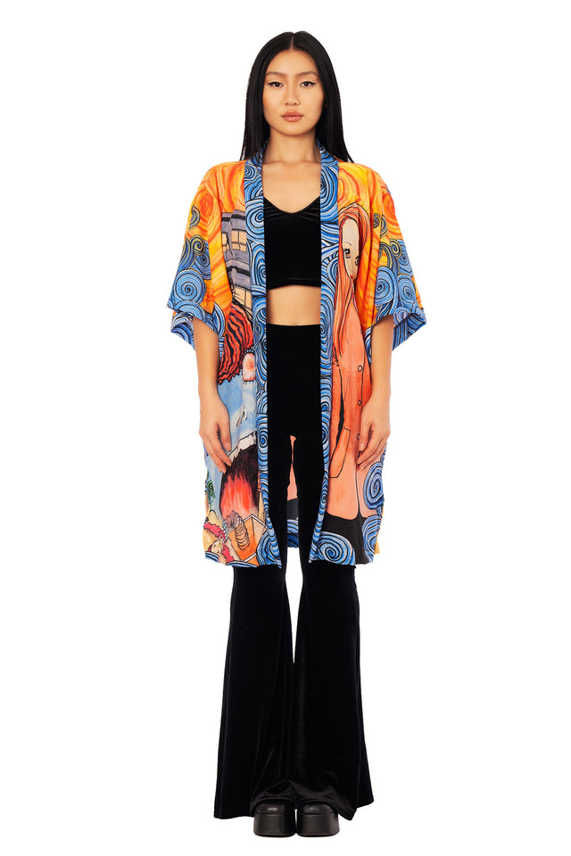Junji Ito Uzumaki robe with all-over manga illustration, lightweight flowing outerwear featuring Kirie Goshima and bold spiral details.