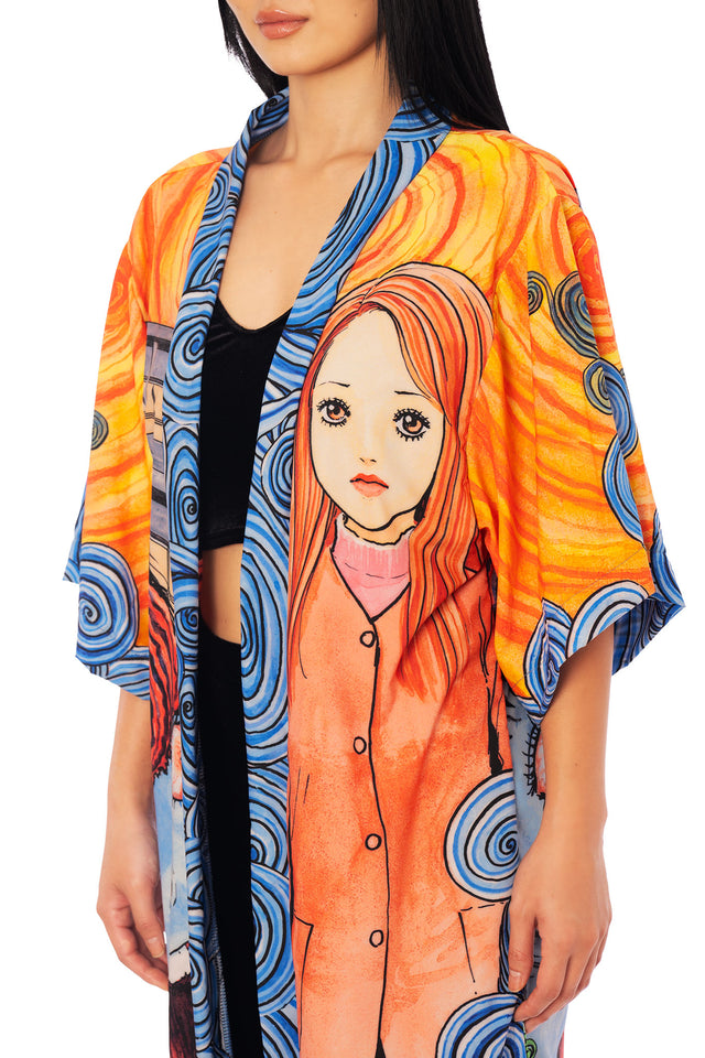 Junji Ito manga print robe featuring Kirie Goshima and spiral imagery, lightweight statement outerwear with all-over design.