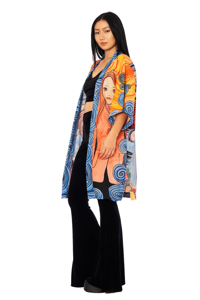 All-over Uzumaki manga print robe from Junji Ito x BlackMilk, statement anime outerwear with Kirie Goshima artwork.