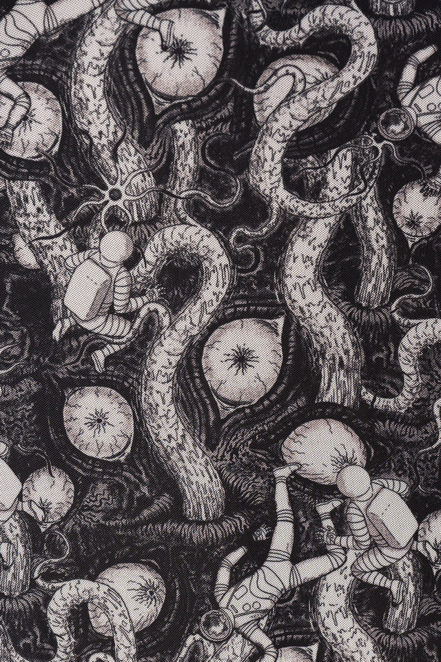 Alternative gothic midi dress inspired by Junji Ito Remina, asymmetric handkerchief hem with repeating astronaut and eye artwork.