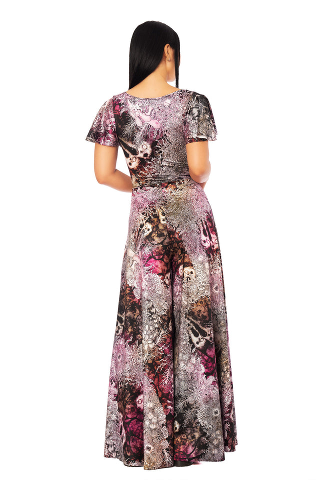 Junji Ito No Longer Human wide leg jumpsuit with deep V neckline and flutter sleeves, horror art fashion piece in dark romantic floral print.