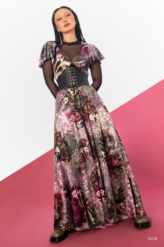 Junji Ito x BlackMilk Screaming Wreaths Marilyn jumpsuit inspired by No Longer Human, gothic wide leg statement jumpsuit with plunging neckline and dark horror floral print.