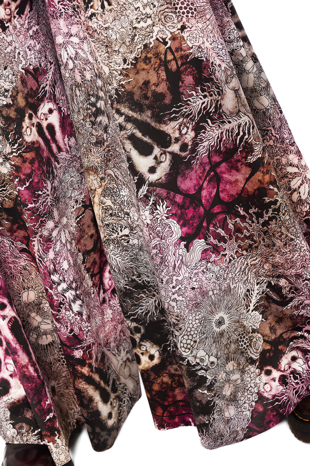 Japanese horror fashion wide leg jumpsuit inspired by Junji Ito No Longer Human, dark pink and black Screaming Wreath artwork with flowing silhouette.