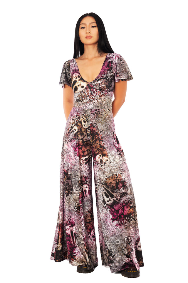 Junji Ito x BlackMilk horror fashion jumpsuit featuring Screaming Wreath print, plunging neckline, flutter sleeves and flowing wide leg silhouette.