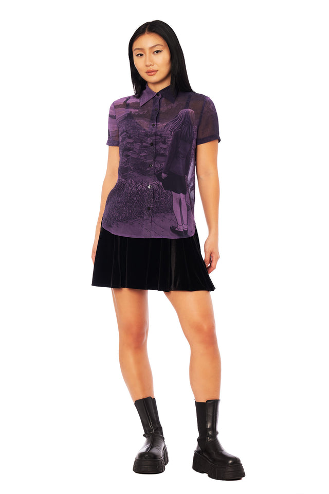 Junji Ito x BlackMilk The Black Vortex Cute As Button sheer shirt inspired by Uzumaki, purple manga panel button-up blouse featuring Kirie and Kurôzu-cho artwork in Japanese horror anime streetwear fashion.
