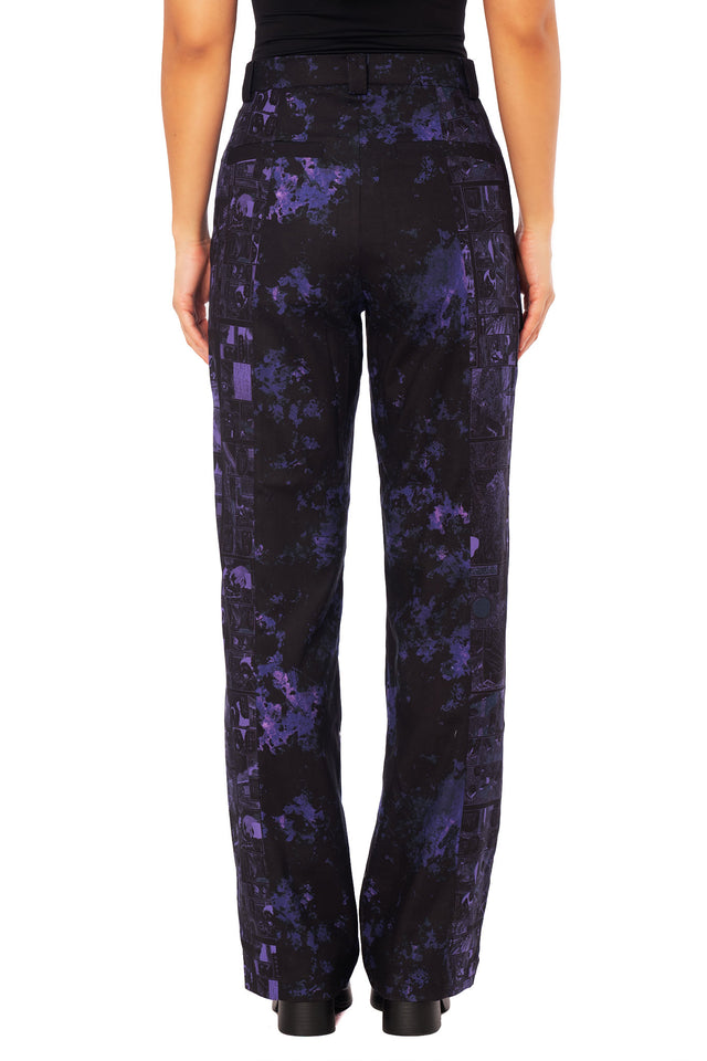 Junji Ito horror manga drape pants with interchangeable front panel styling, asymmetric layered silhouette in black and purple tones.