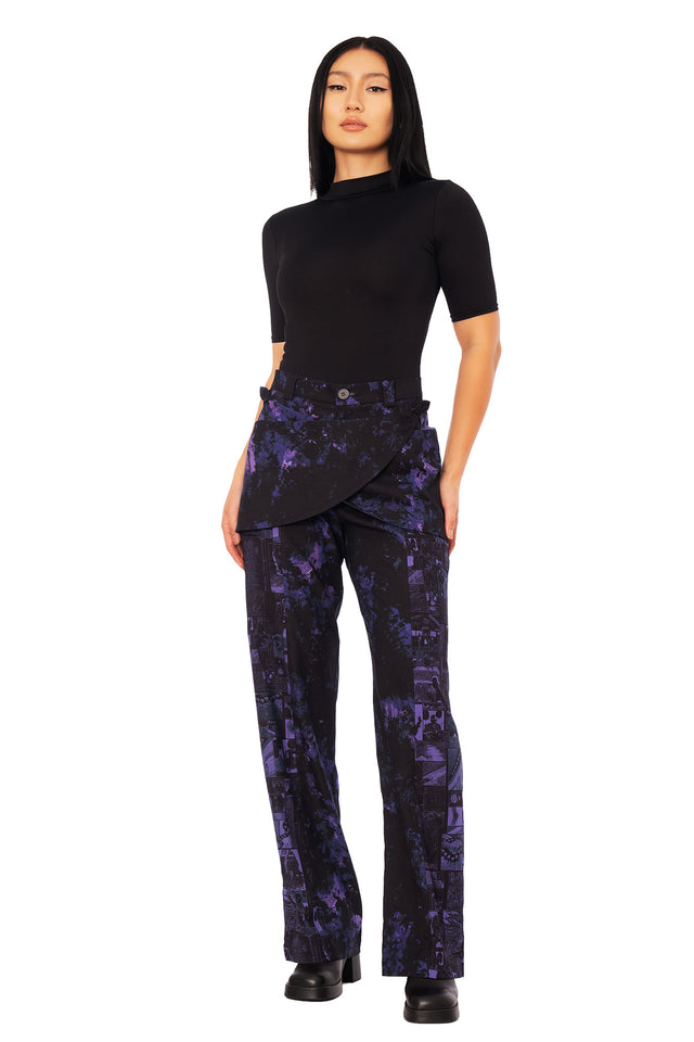 Junji Ito Uzumaki Japanese streetwear drape pants with adjustable crossover front panels, high waisted black and purple manga print wide leg trousers.