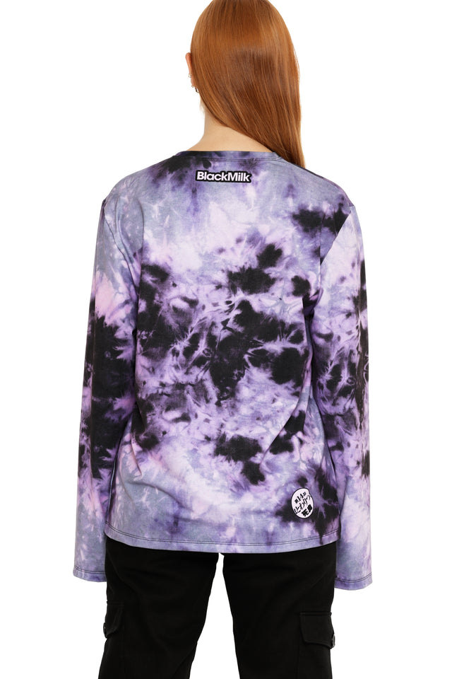Japanese horror fashion oversized long sleeve shirt inspired by Junji Ito Gyo, purple tie-dye anime tee with death stench artwork.