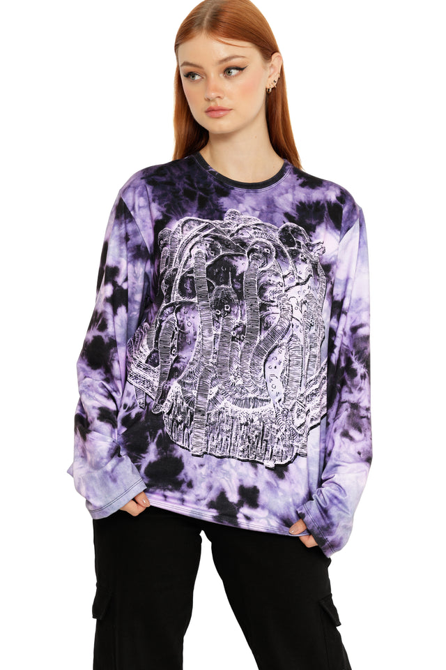 Junji Ito Gyo death stench long sleeve oversized tee, relaxed boyfriend silhouette with horror manga graphic print in alternative gothic streetwear.