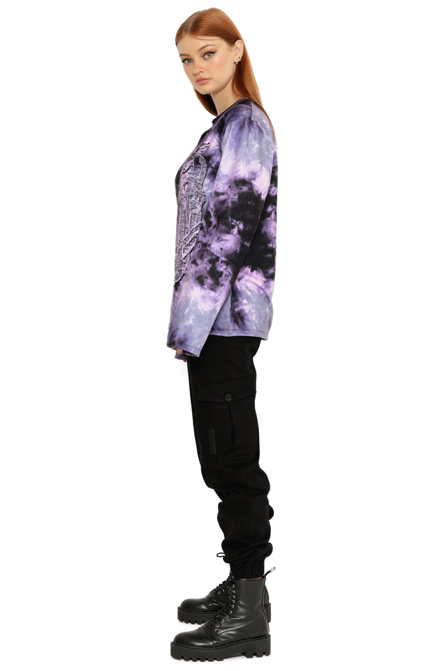 Gyo-inspired oversized long sleeve anime tee from the Junji Ito x BlackMilk collaboration, featuring death stench illustration on purple tie-dye boyfriend fit shirt.