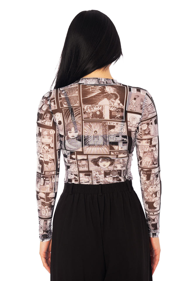 Junji Ito x BlackMilk manga panel long sleeve top, sheer high neck anime clothing in monochrome black and white street style.