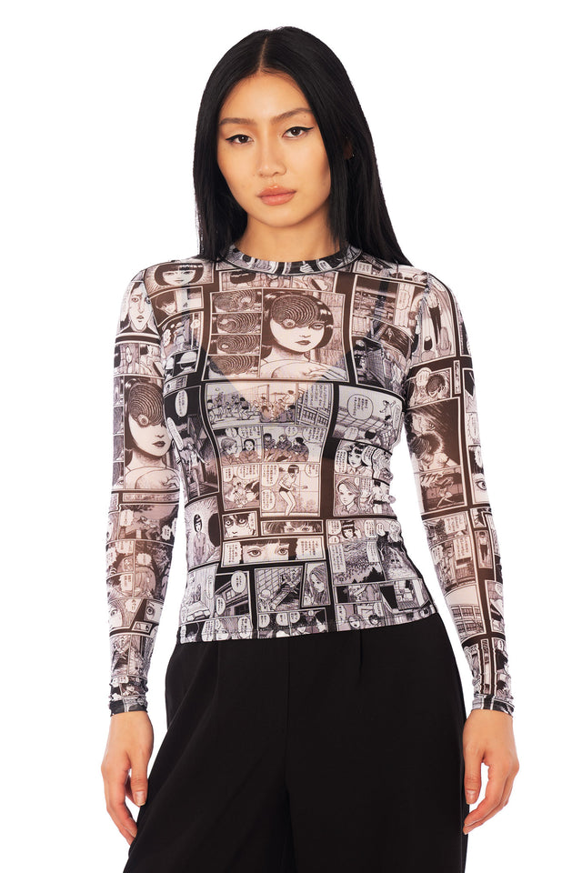 Junji Ito The Scar anime mesh top with high neckline and long sleeves, black and white manga panel clothing in alternative gothic streetwear aesthetic.