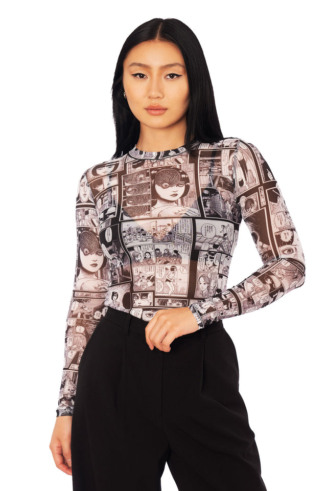 Junji Ito x BlackMilk The Scar sheer high neck long sleeve top featuring black and white manga panel print, anime mesh top in Japanese horror streetwear style.
