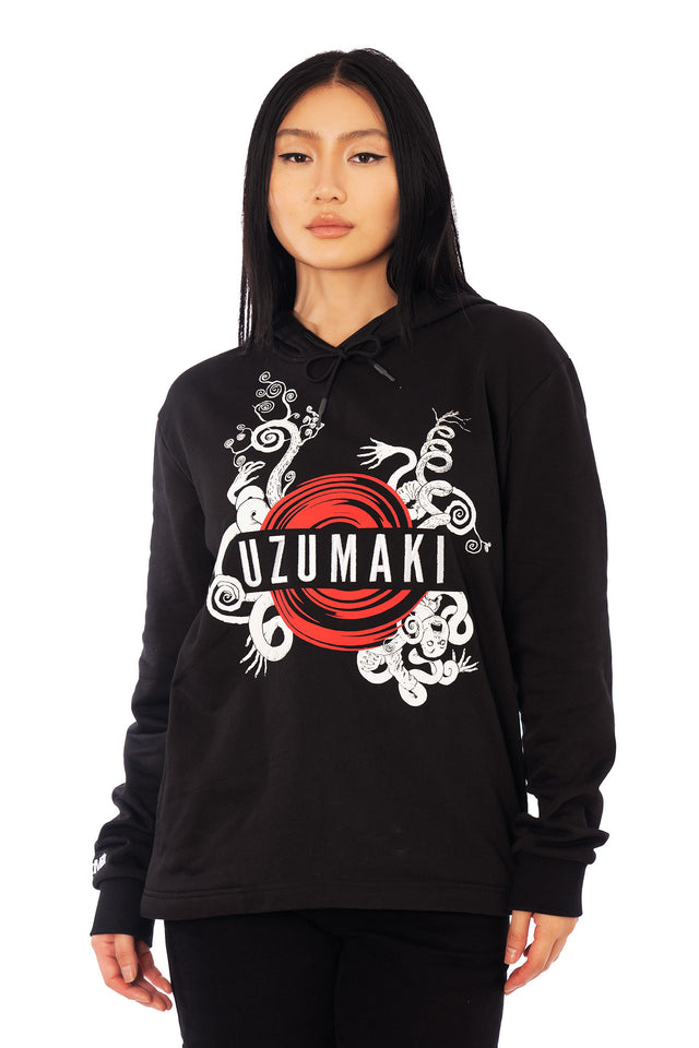 Uzumaki logo pullover hoodie in black cotton, Junji Ito graphic sweatshirt with red spiral design and manga inspired details in gothic streetwear style.