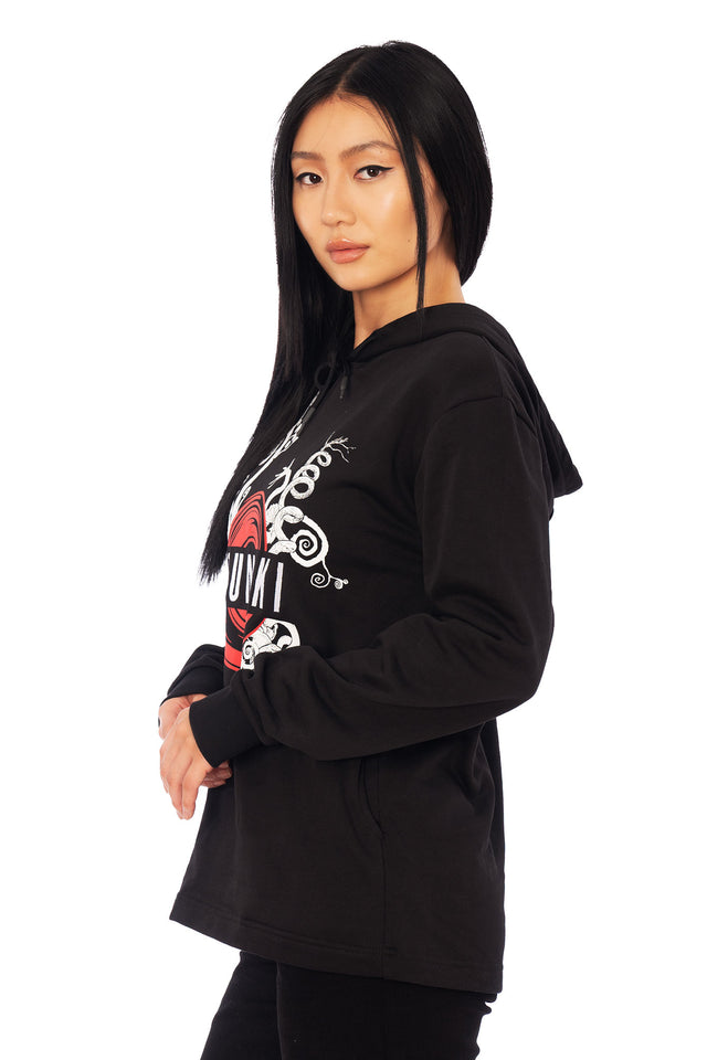 Black Uzumaki hoodie from Junji Ito x BlackMilk, soft cotton French terry pullover with central spiral logo print and alternative streetwear styling.
