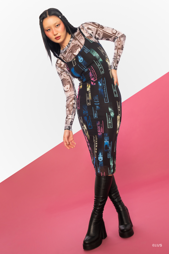 Japanese horror manga bodycon dress inspired by Junji Ito Uzumaki, sheer midi slip with vertical panel print and alternative gothic aesthetic.