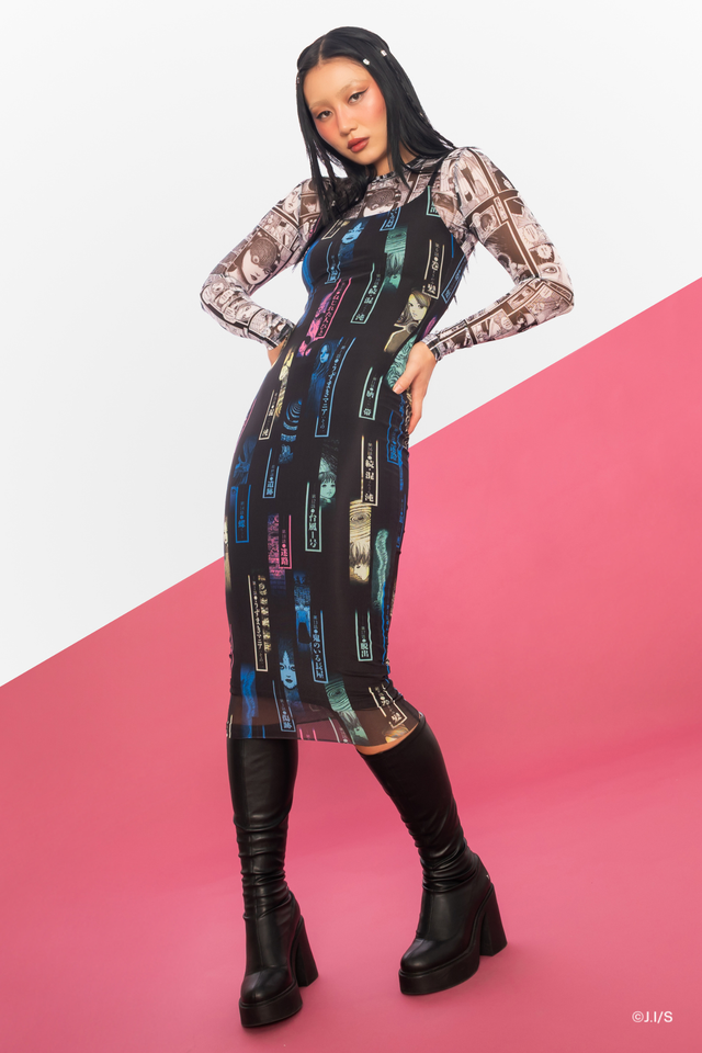 Junji Ito x BlackMilk Unfolding Chapters sheer bodycon slip dress inspired by Uzumaki, vertical manga panel print in neon tones on black mesh midi dress in Japanese horror fashion style.