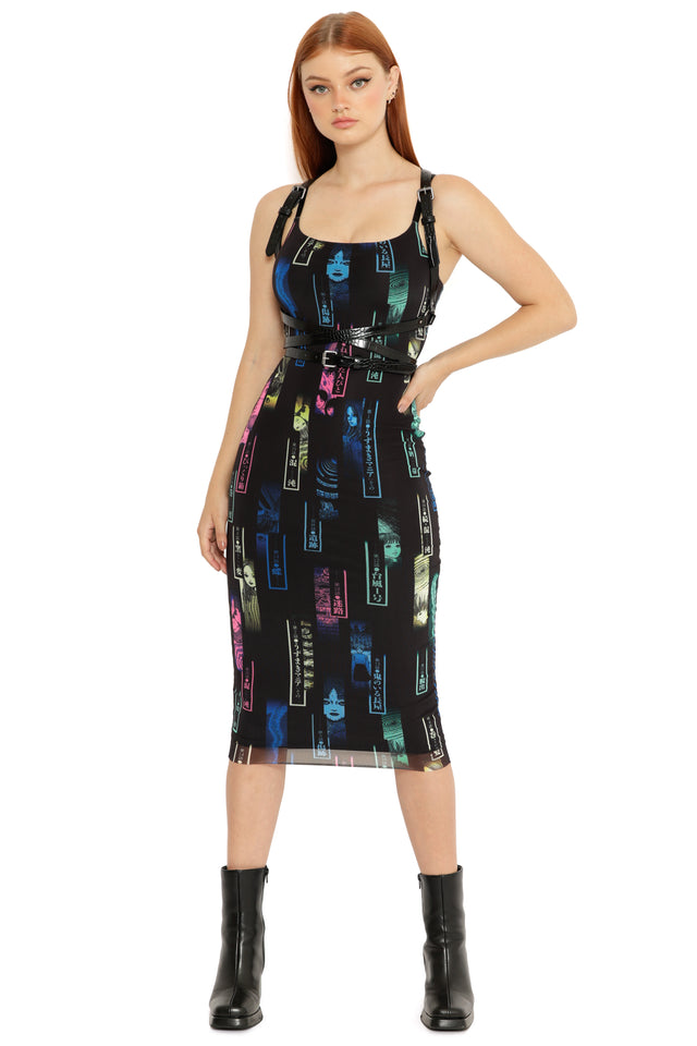 Uzumaki anime bodycon midi dress from the Junji Ito x BlackMilk collaboration, sheer mesh slip dress with stacked manga panels and neon colour accents.