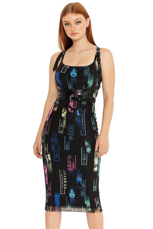 Junji Ito x BlackMilk manga print bodycon dress, sheer mesh midi with vertical comic panels and neon highlights in Japanese alternative streetwear.