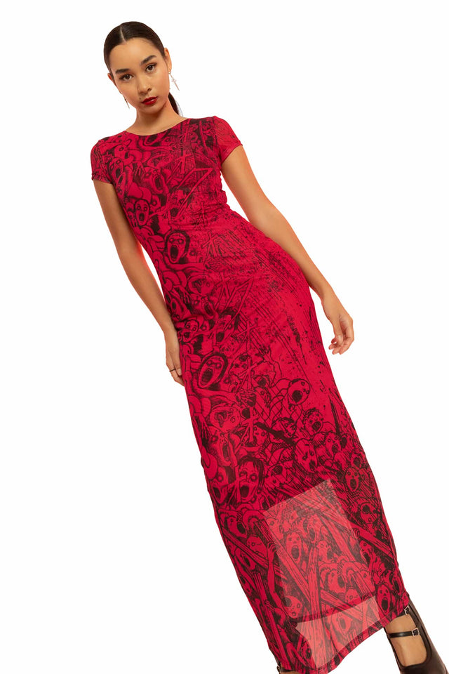 red short sleeve long dress Erosion Sheer Short Sleeve Column Maxi Dress