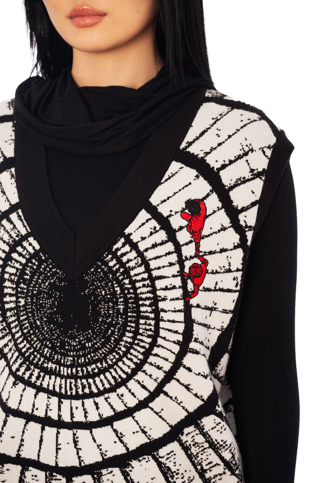 Gothic spiral sweater vest from the Junji Ito x BlackMilk collection, oversized knit vest with manga inspired artwork.