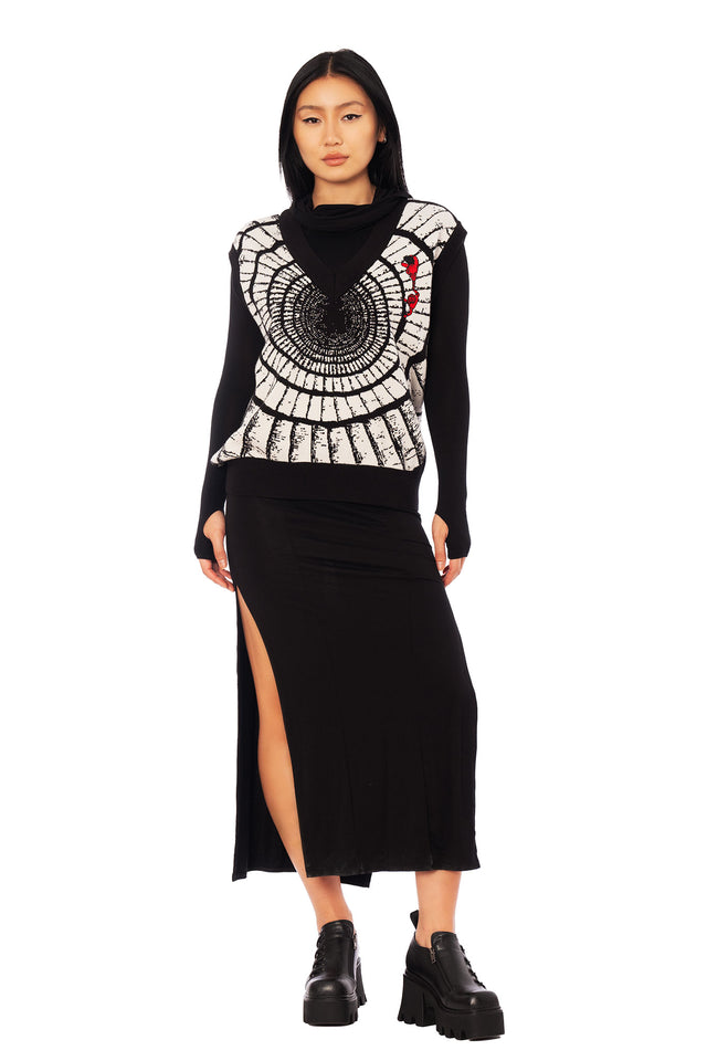 Alternative black and white knit vest featuring Uzumaki spiral graphic, Junji Ito inspired oversized layering piece.