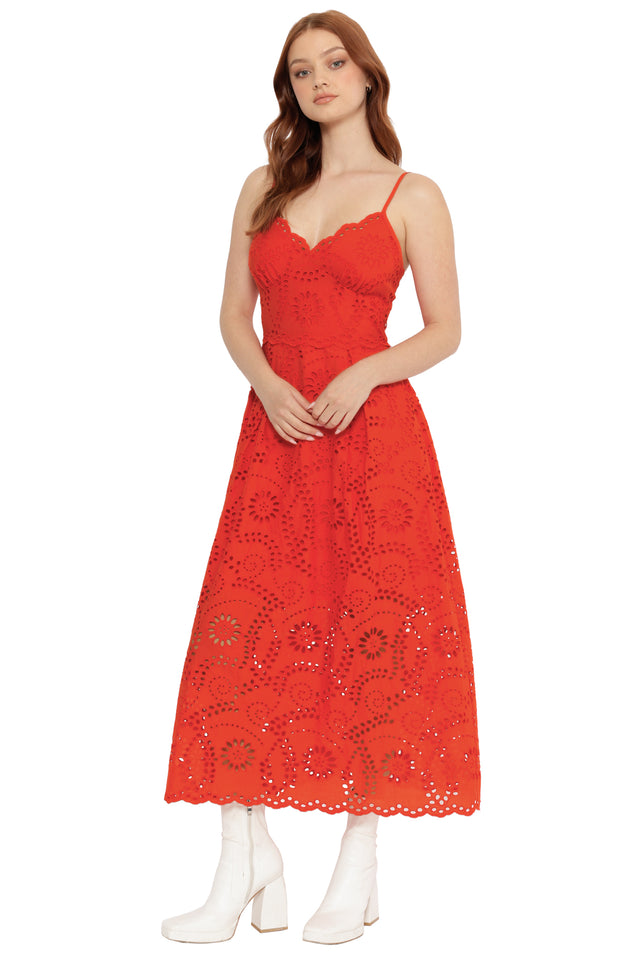 christmas outfit idea red lace eyelet maxi dress