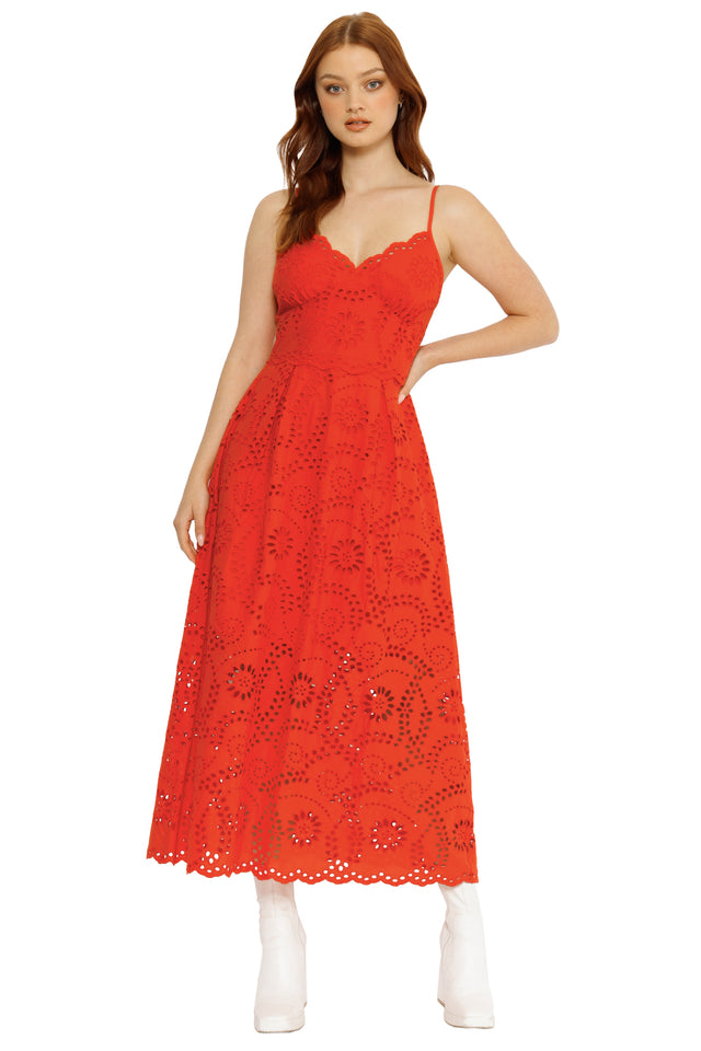 red eyelet maxi dress women’s christmas party outfit