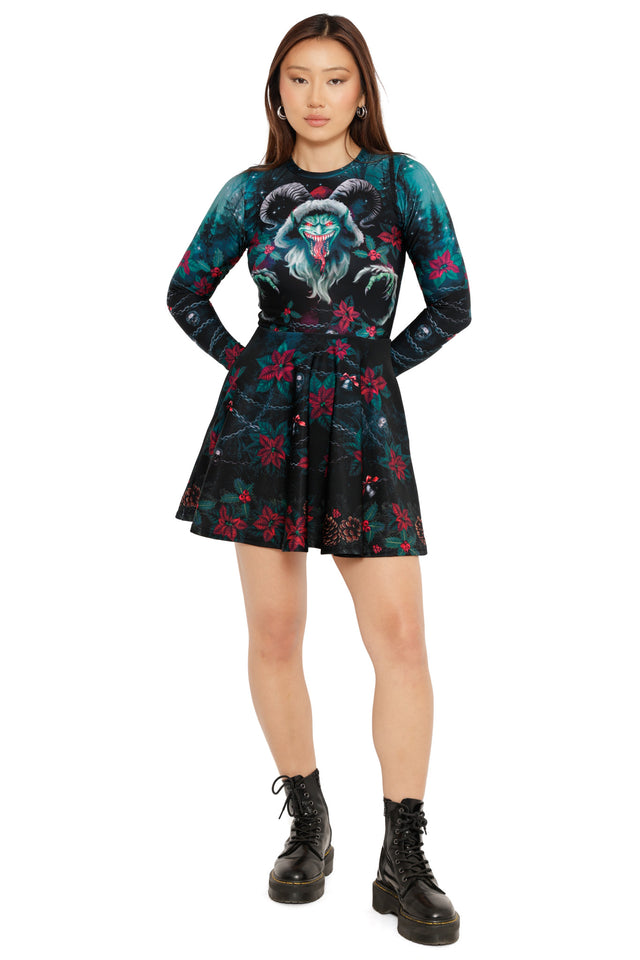 black christmas skater dress with krampus print festive outfit