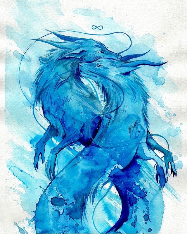 Blue watercolor illustration of a dragon on a light blue background