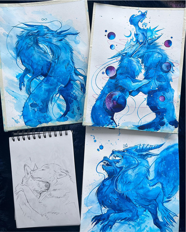 Set of blue dragon illustrations on a notebook with a black background