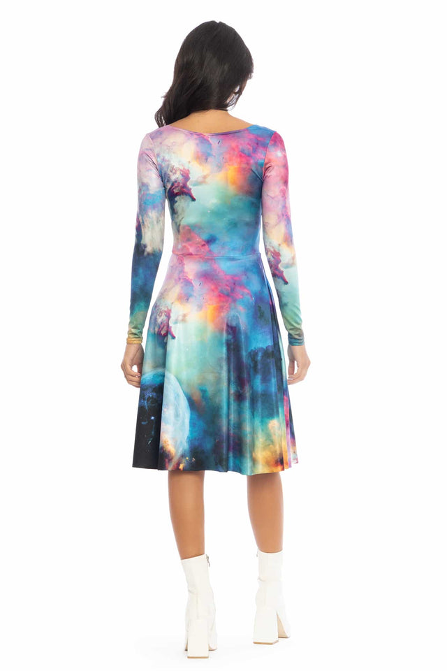 Galaxy Lagoon Long Sleeve Scoop Midi Dress