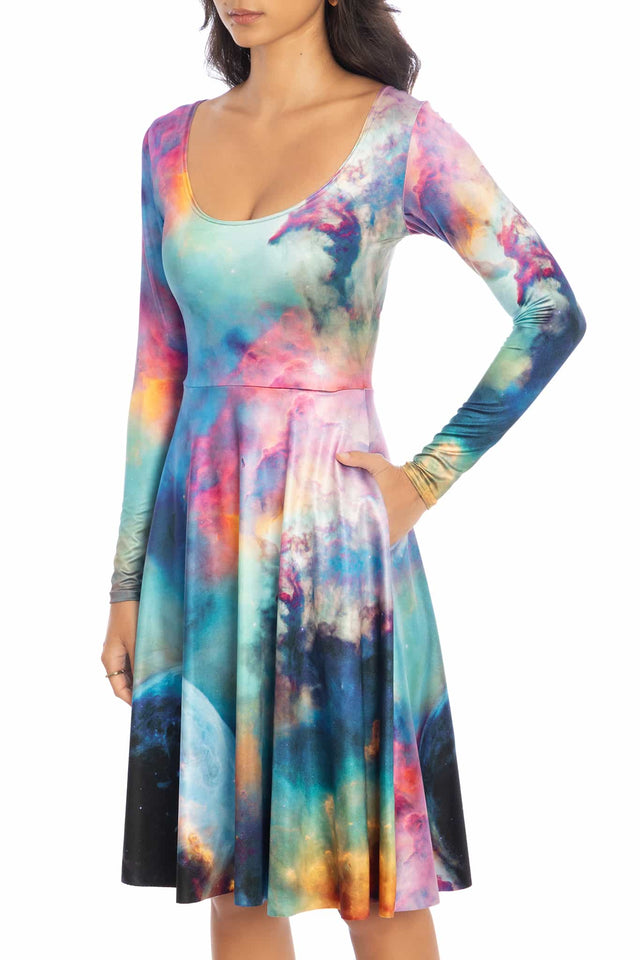 Galaxy Lagoon Long Sleeve Scoop Midi Dress