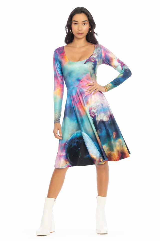 Galaxy Lagoon Long Sleeve Scoop Midi Dress