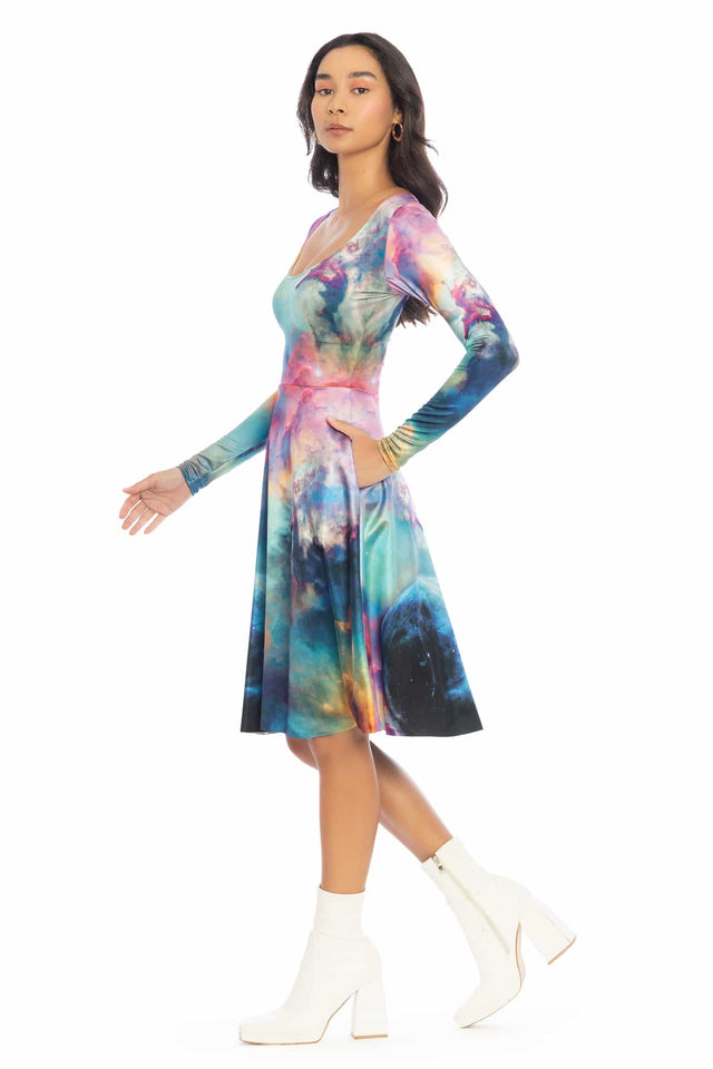 Galaxy Lagoon Long Sleeve Scoop Midi Dress