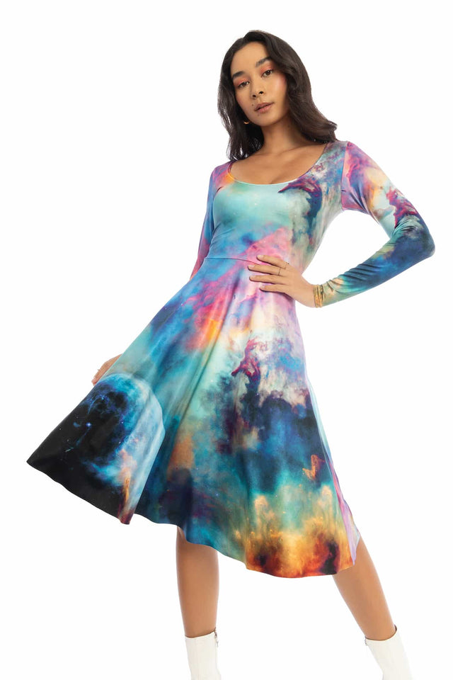 Galaxy Lagoon Long Sleeve Scoop Midi Dress