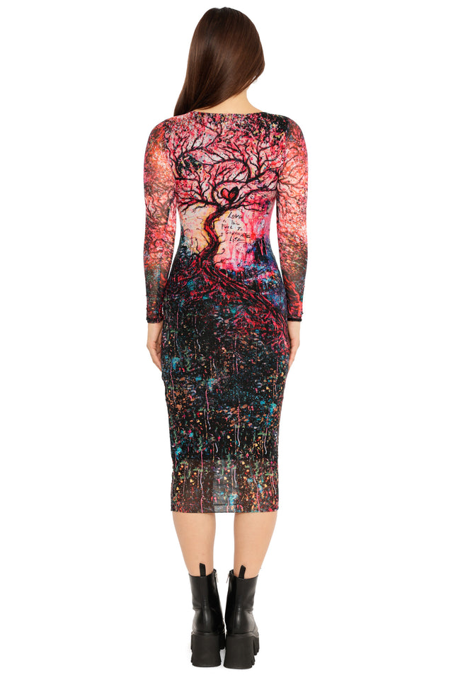 Love is Fuel Long Sleeve Mesh Bodycon Midi Dress