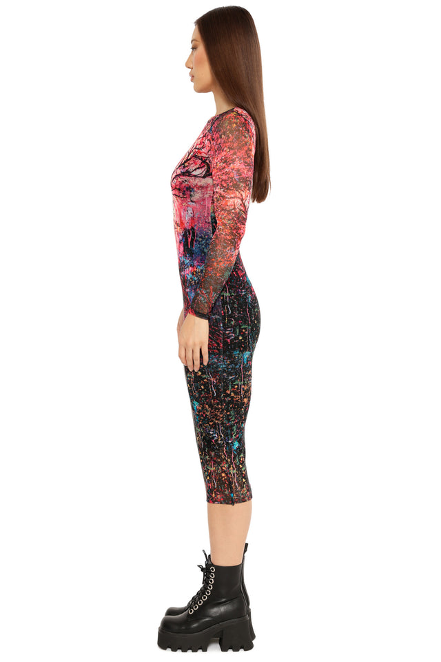 Love is Fuel Long Sleeve Mesh Bodycon Midi Dress