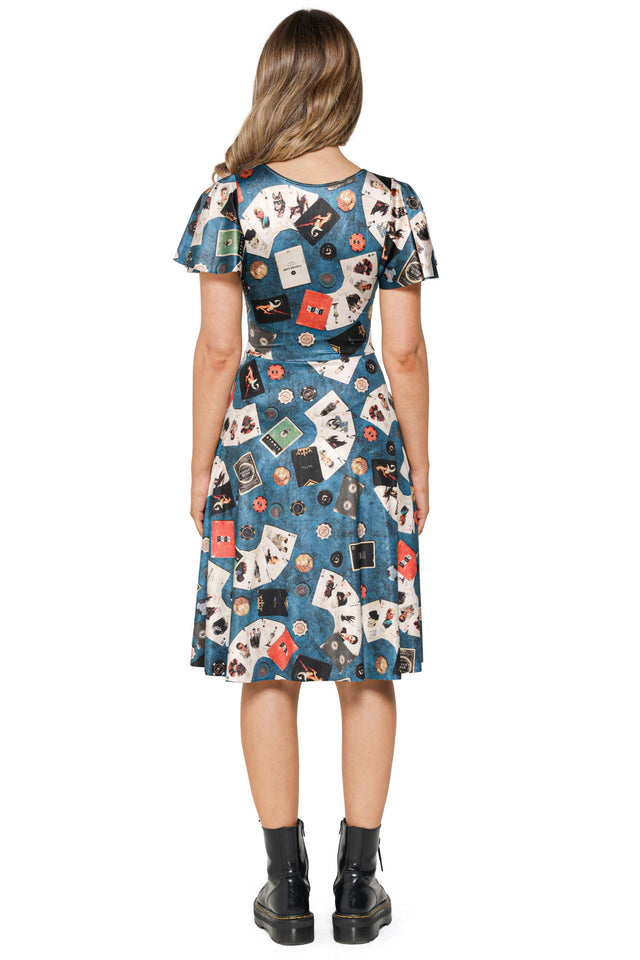 Fallout x BlackMilk Lucky Gal dress featuring blue base with vintage card artwork inspired by in-game collectibles.