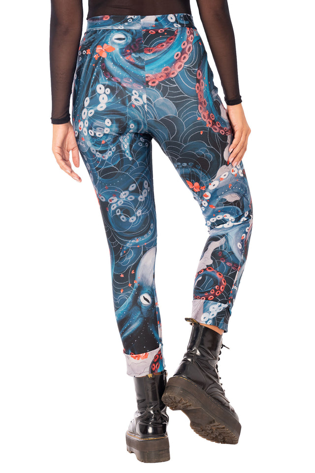 Lurking Beneath Cuffed Pants front product image showing fitted shape, cuffed ankles and marine inspired print