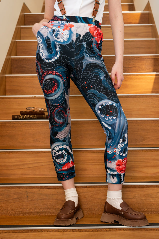 BlackMilk Lurking Beneath Cuffed Pants front studio image showing fitted printed pants with cuffed ankles and marine artwork
