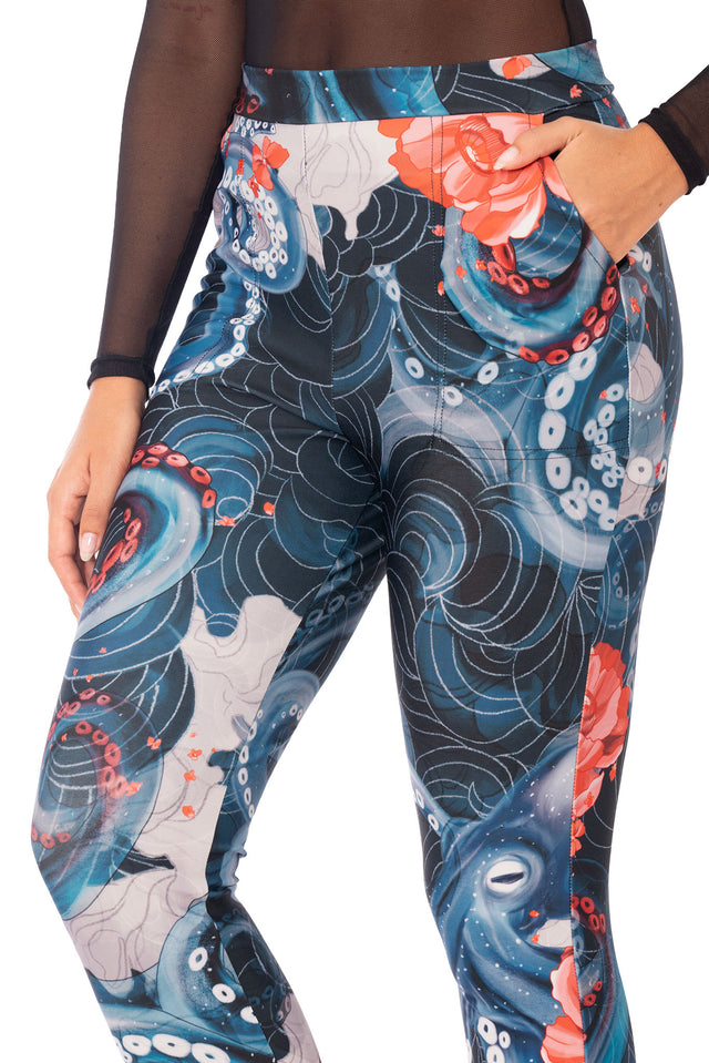 Lurking Beneath Cuffed Pants featuring dark blue sea print, octopus tentacles and fitted full length silhouette