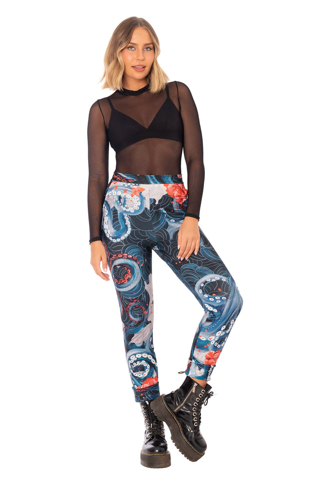 Women’s fitted cuffed pants featuring ocean inspired octopus print, slim leg fit and statement dark blue artwork