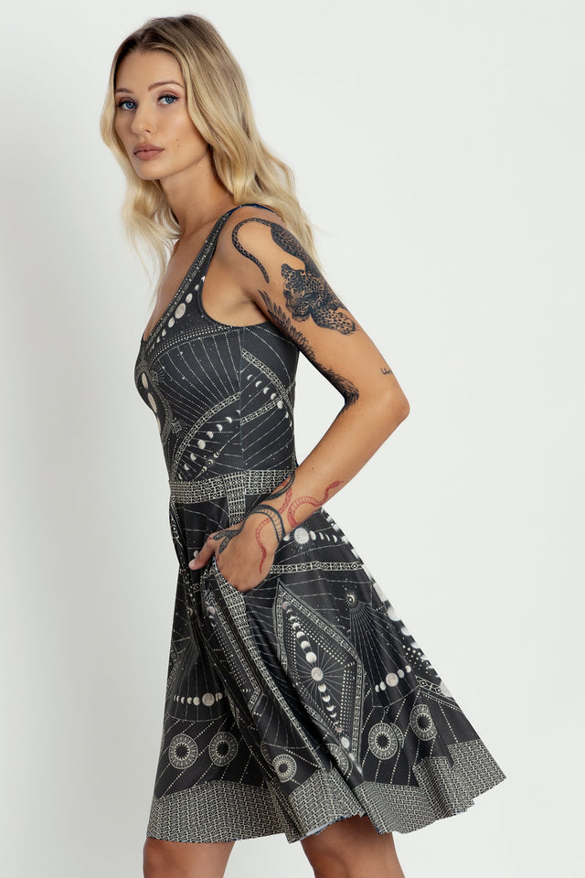 Moon Phases Longline Scoop Dress by BlackMilk, black celestial print dress with moon cycle artwork, scoop neckline and flared skirt silhouette