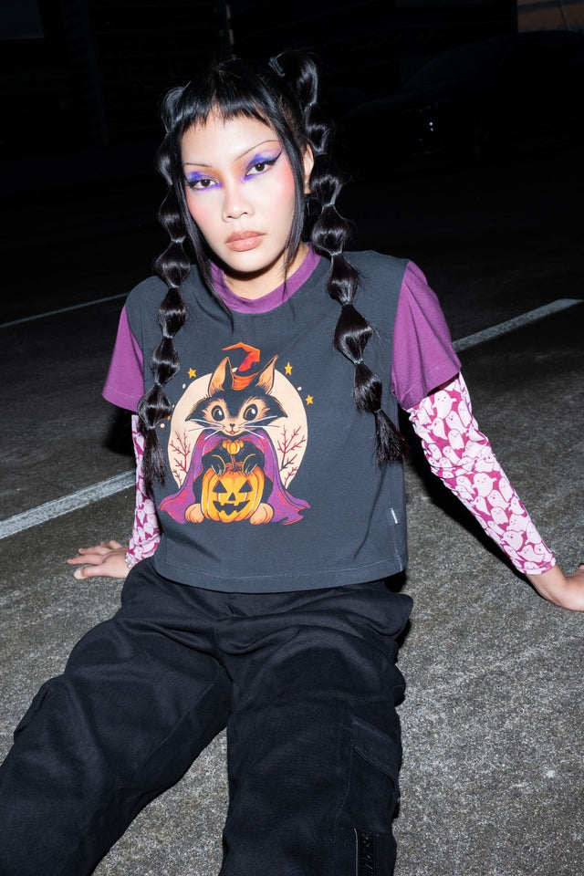 BlackMilk Magic and Mischief Cotton Baby Tee – purple pumpkin and witch print cropped baby tee, part of the BlackMilk Clothing Halloween collection