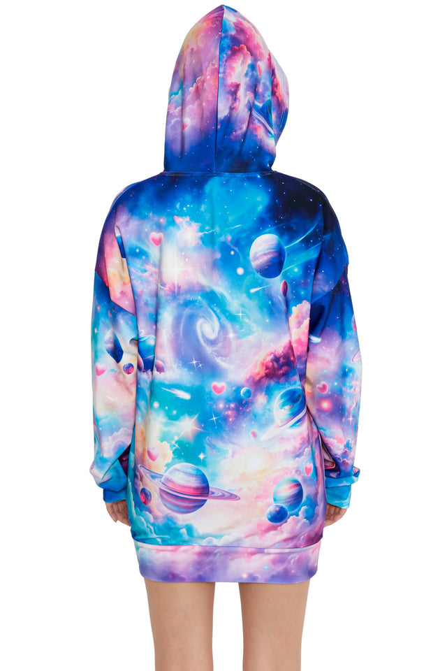 Pastel cosmic hoodie dress featuring galaxy clouds, planets and star motifs with a relaxed oversized fit