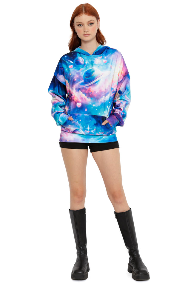 Cosmic-themed hoodie dress featuring ringed planets, star details and a bright pastel galaxy design